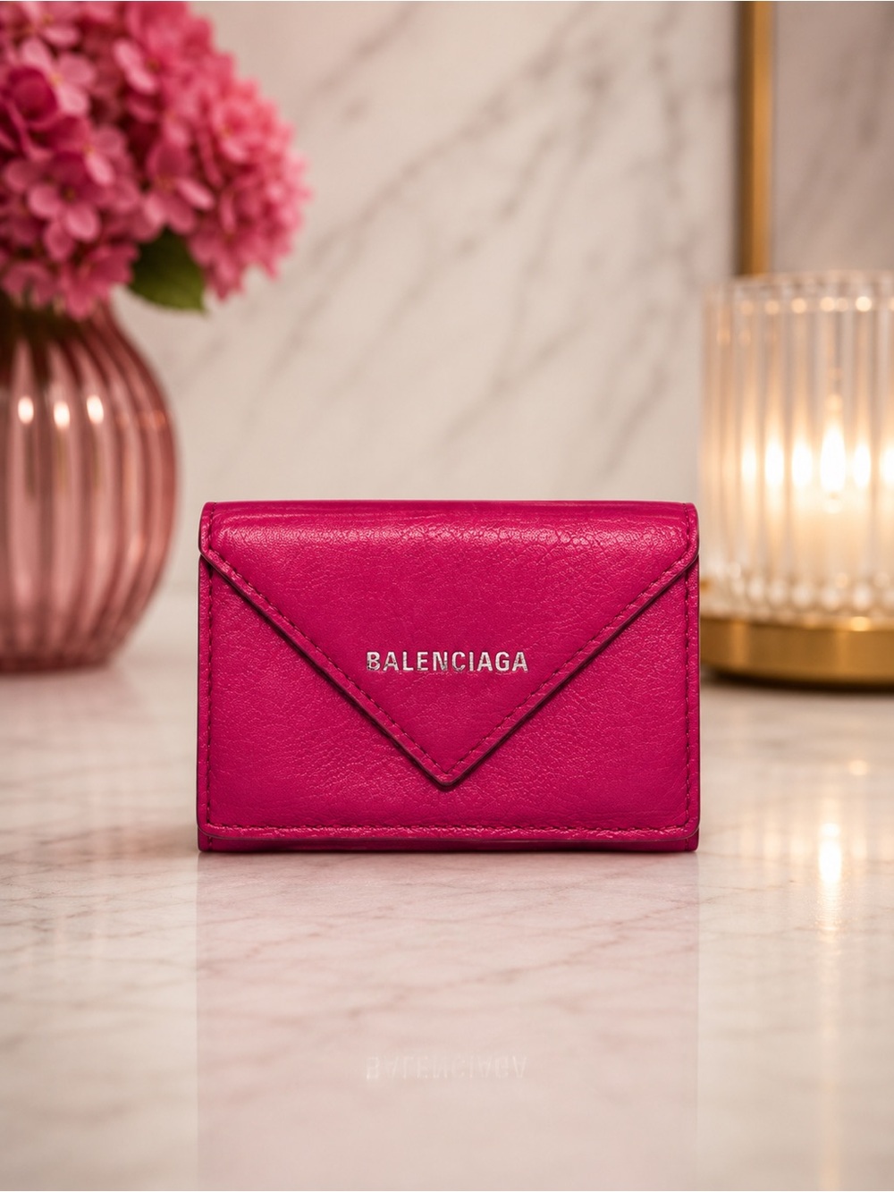 Balenciaga Pink Leather Compact Envelope Tri-Fold Wallet | Full Inclusion